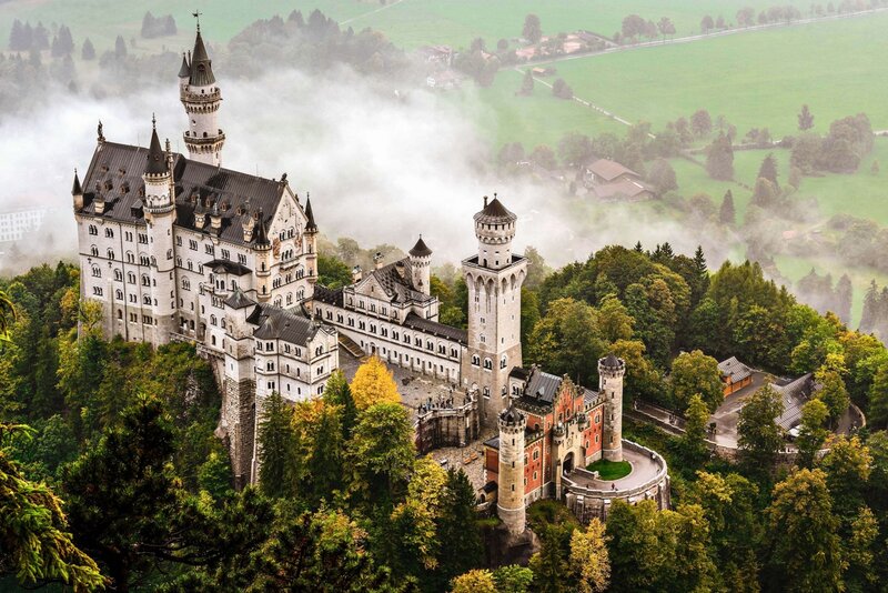 Neuschwanstein Castle — Green, Misty, Morning, Photograph, Trees, Fog