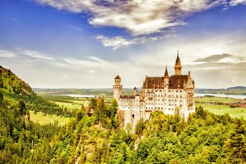 Neuschwanstein Castle — Green, Serene, Afternoon, Photograph, Forest, Lake, Hills