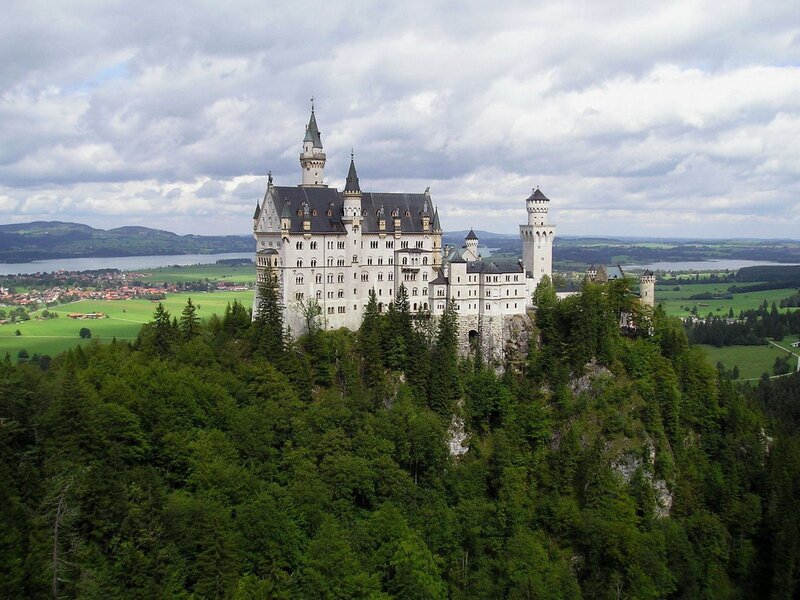 Neuschwanstein Castle — Green, Serene, Afternoon, Photograph, Forest, Lake, Hills, White
