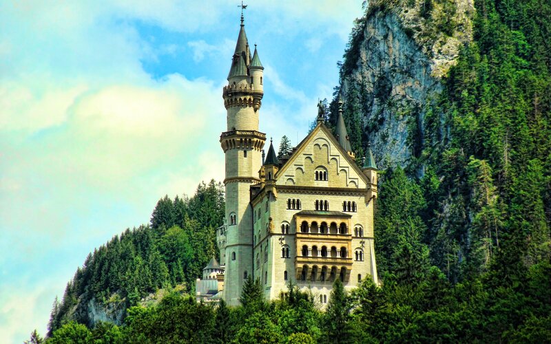 Neuschwanstein Castle — Green, Serene, Afternoon, Photograph, Mountain, Forest, Sky
