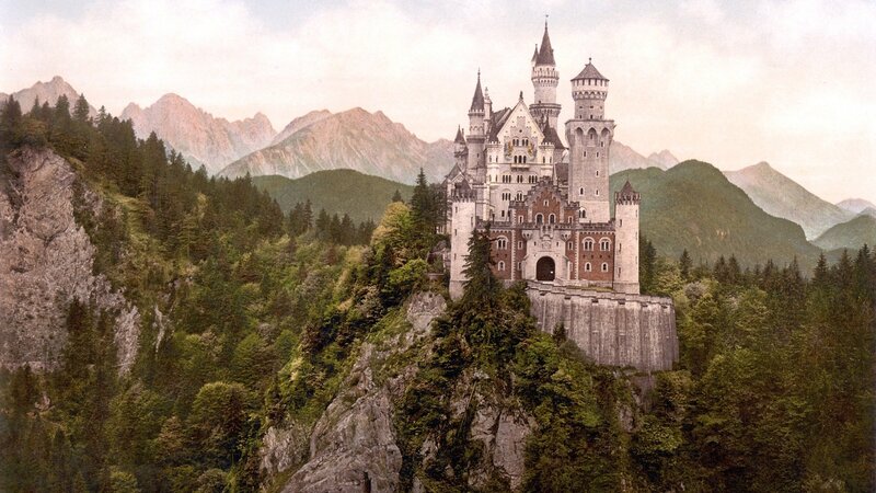 Neuschwanstein Castle — Green, Serene, Afternoon, Photograph, Mountains, Forest, Gray, Beige