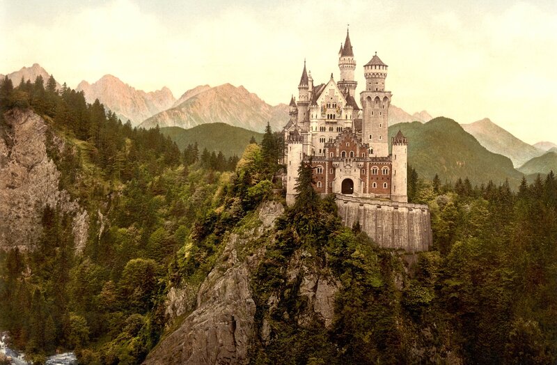 Neuschwanstein Castle — Green, Serene, Afternoon, Photograph, Mountains, Forest, River, Gray, Beige