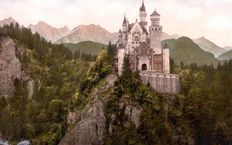 Neuschwanstein Castle — Green, Serene, Afternoon, Photograph, Mountains, Forest, River