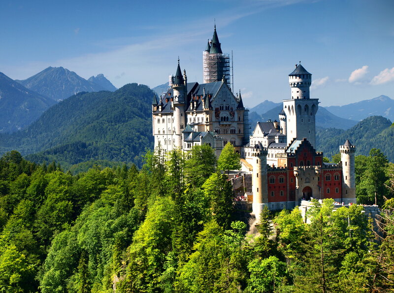 Neuschwanstein Castle — Green, Serene, Afternoon, Photograph, Mountains, Forest, Towers