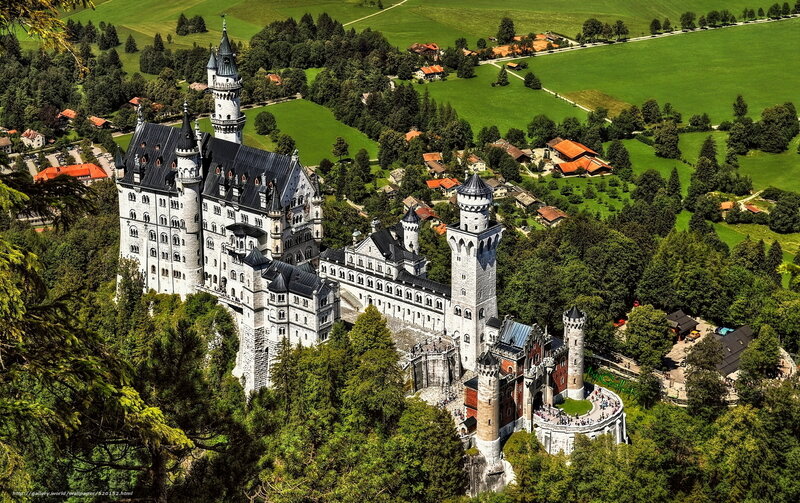 Neuschwanstein Castle — Green, Serene, Afternoon, Photograph, Towers, Green Fields