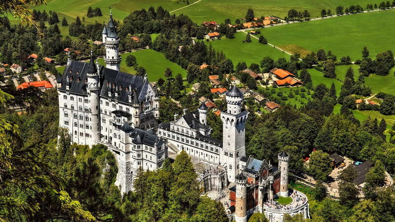 Neuschwanstein Castle — Green, Serene, Afternoon, Photograph, Towers