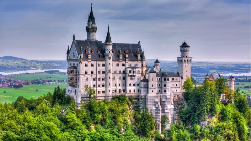 Neuschwanstein Castle — Green, Serene, Afternoon, Photograph, Trees, Lake, Hills, Gray