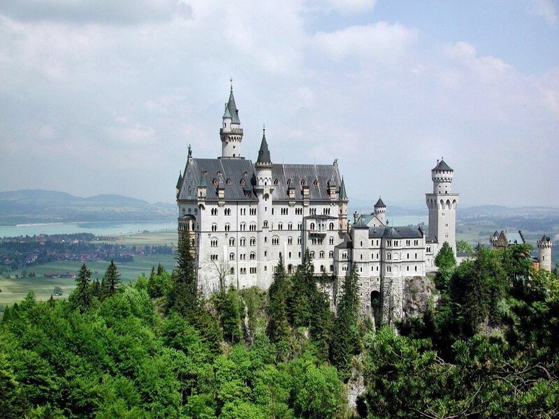 Neuschwanstein Castle — Green, Serene, Afternoon, Photograph, Trees, Lake, Hills, White