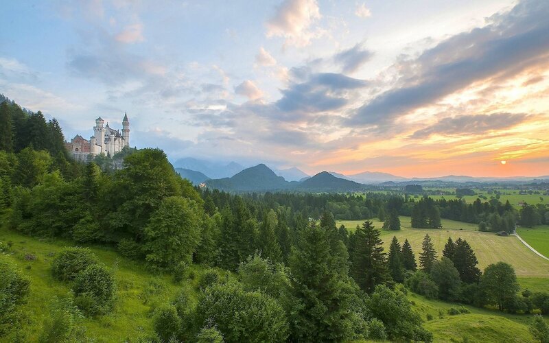 Neuschwanstein Castle — Green, Serene, Sunset