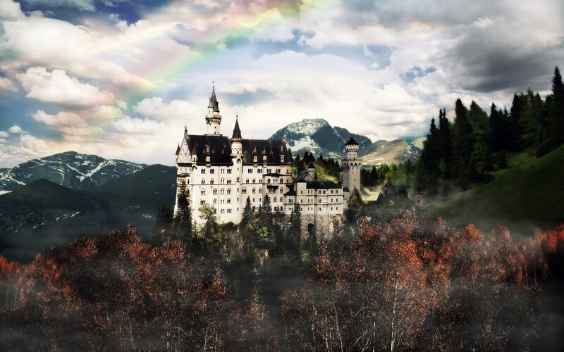 Neuschwanstein Castle — White, Dramatic, Autumn, Digital Art, Mountains
