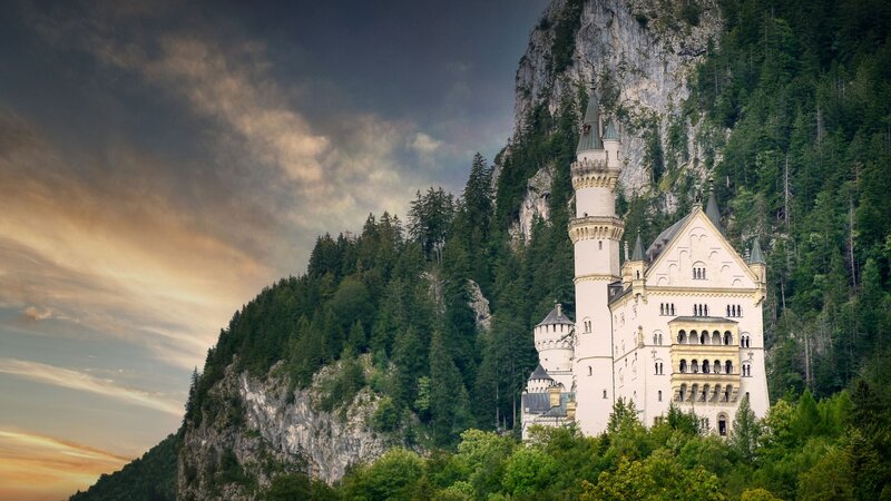 Neuschwanstein Castle — White, Dramatic, Sunset