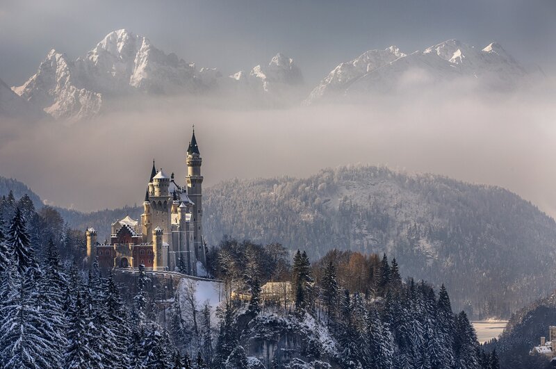 Neuschwanstein Castle — White, Dramatic, Winter, Photograph, Mountains