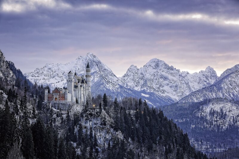 Neuschwanstein Castle — White, Dramatic, Winter, Photograph, Snow-covered Mountains