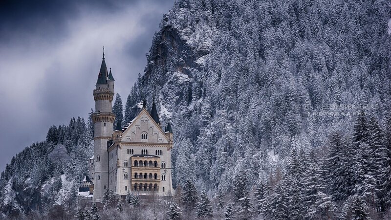 Neuschwanstein Castle — White, Dramatic, Winter, Photograph, Snow-covered Trees, Mountain