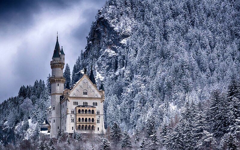 Neuschwanstein Castle — White, Dramatic, Winter, Photograph, Snow-covered Trees