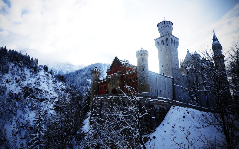 Neuschwanstein Castle — White, Dramatic, Winter, Photograph, Snow, Mountains