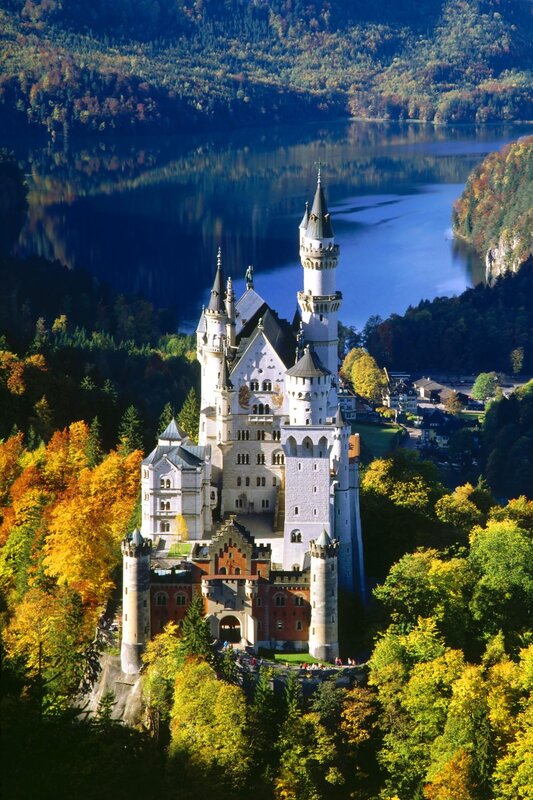 Neuschwanstein Castle — White, Serene, Autumn, Photograph, Lake, Forest, Towers
