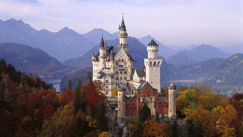 Neuschwanstein Castle — White, Serene, Autumn, Photograph, Mountains, Lake, Trees
