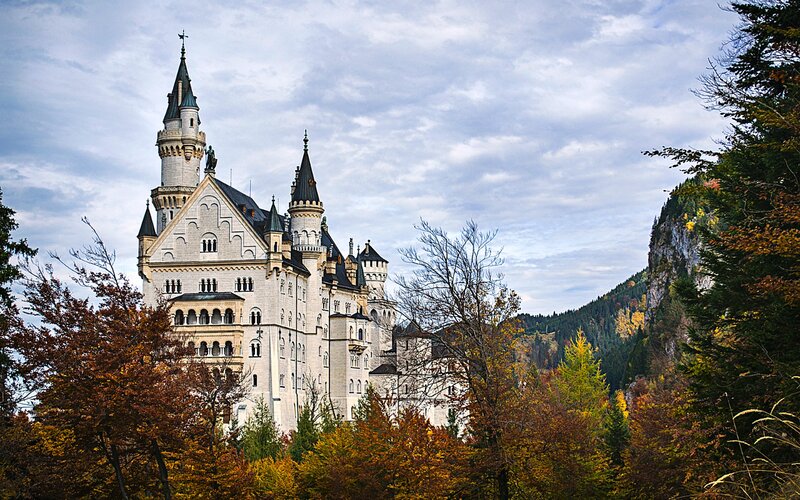 Neuschwanstein Castle — White, Serene, Autumn, Photograph, Trees