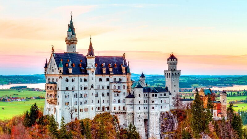 Neuschwanstein Castle — White, Serene, Sunset, Photograph, Lake