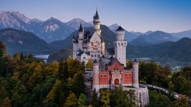 Neuschwanstein Castle — White, Serene, Sunset, Photograph, Mountains