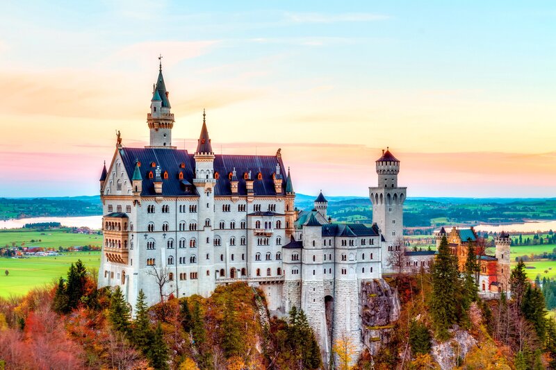 Neuschwanstein Castle — White, Serene, Sunset, Photograph, Towers, Lake