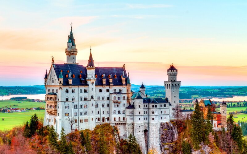 Neuschwanstein Castle — White, Serene, Sunset, Photograph, Towers
