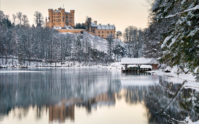 Neuschwanstein Castle — White, Serene, Winter, Photograph, Lake