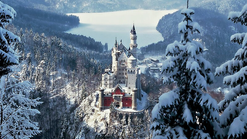 Neuschwanstein Castle — White, Serene, Winter, Photograph, Snow-covered Trees, Lake