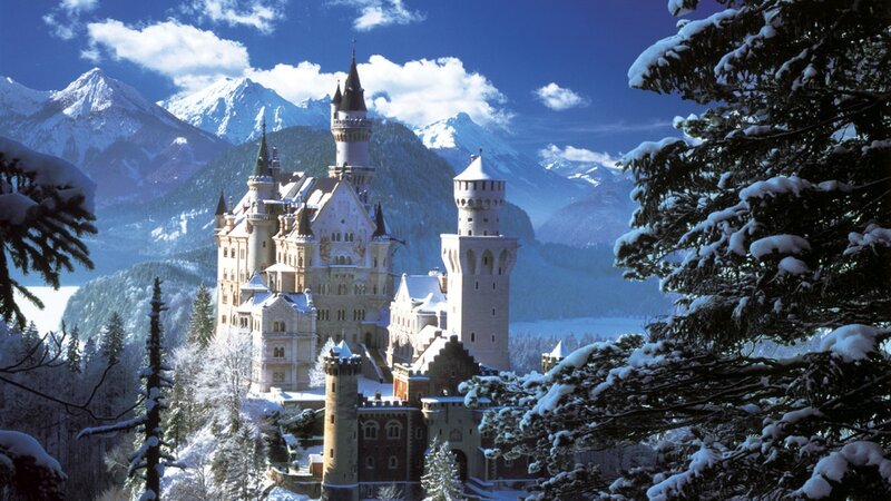 Neuschwanstein Castle — White, Serene, Winter, Photograph, Snow-covered Trees, Mountains, Blue Sky