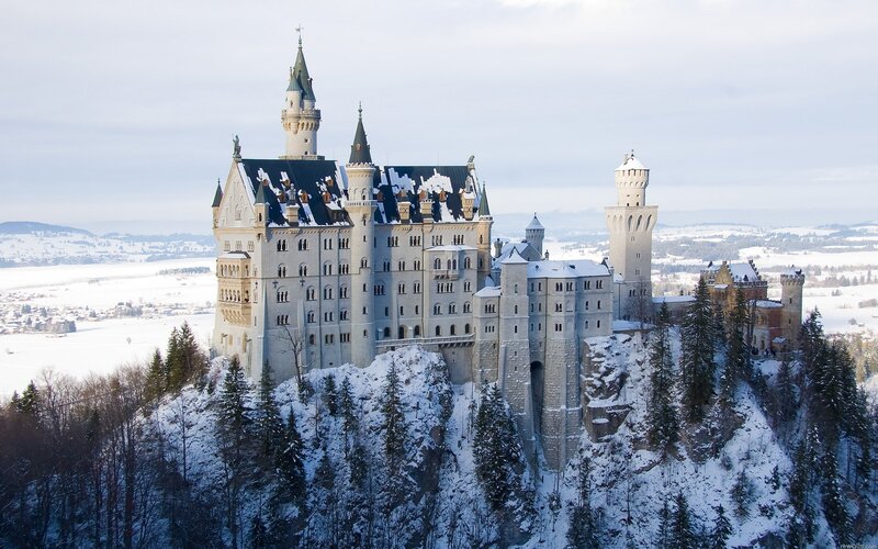 Neuschwanstein Castle — White, Serene, Winter, Photograph, Snow, Trees, Mountain, Gray, Green