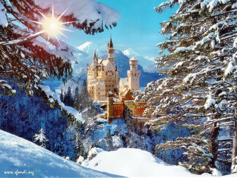 Neuschwanstein Castle — White, Serene, Winter, Photograph, Snow, Trees, Mountains, Blue