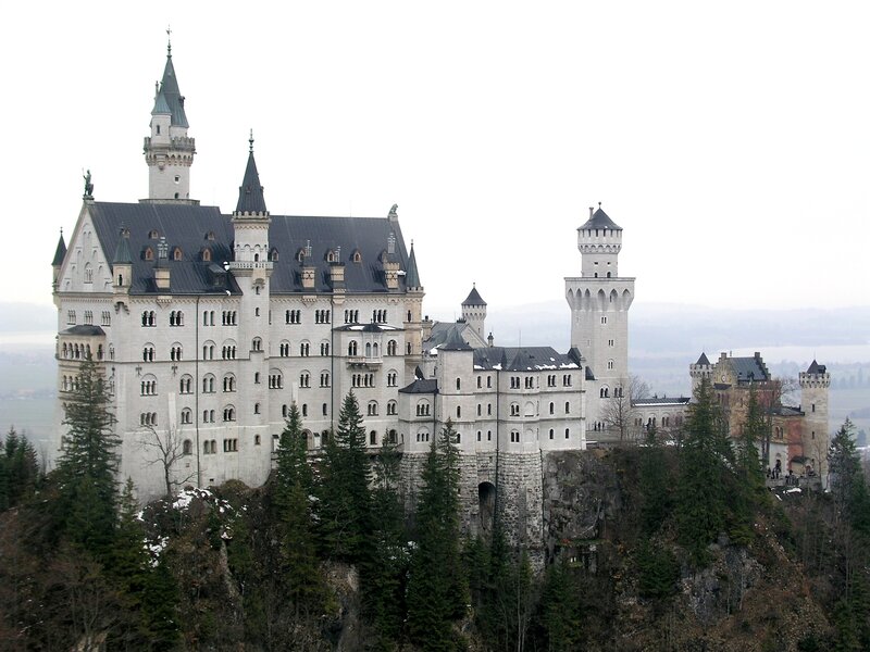 Neuschwanstein Castle — White, Serene, Winter, Photograph, Trees, Mountain