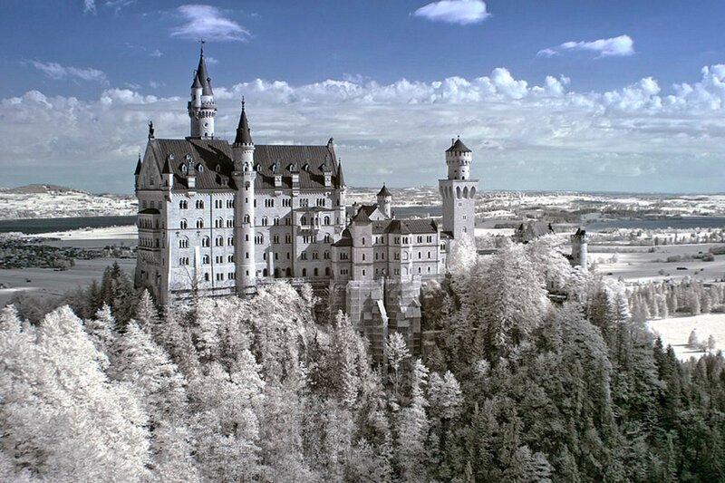 Neuschwanstein Castle — White, Serene, Winter, Photograph, Trees