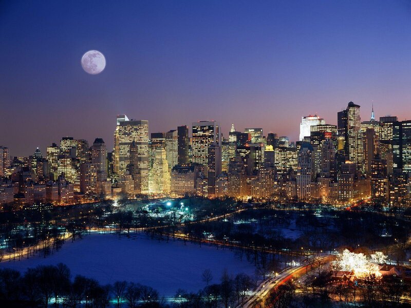 New York City at night with moon