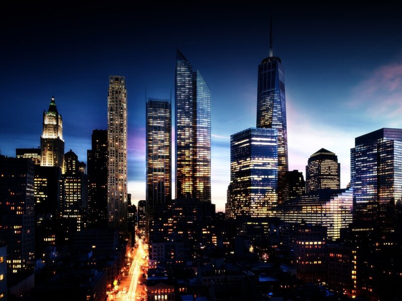 New York City skyline at dusk
