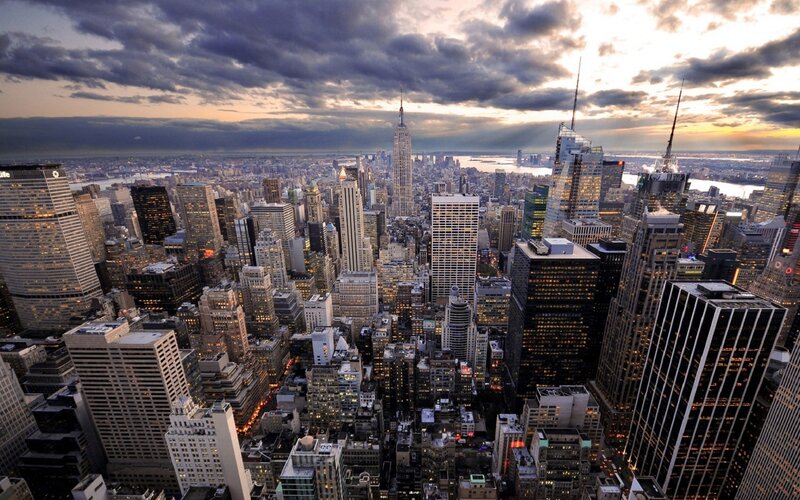 New York City skyline at dusk