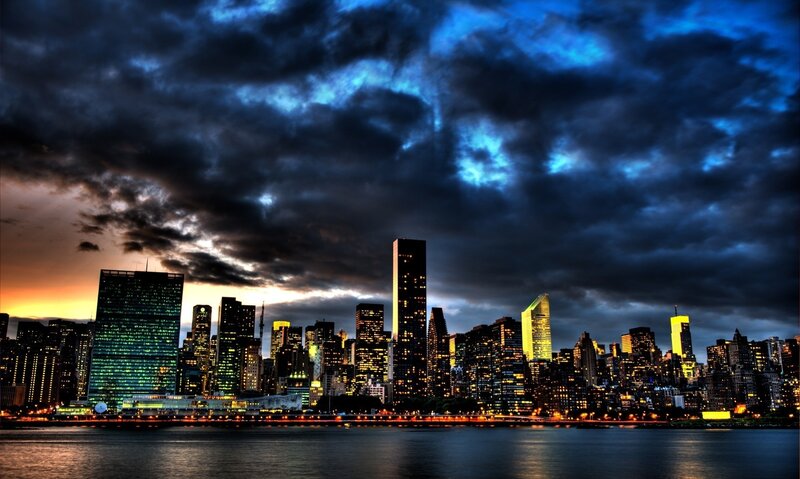 New York City skyline at dusk