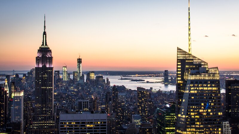 New York City skyline at dusk