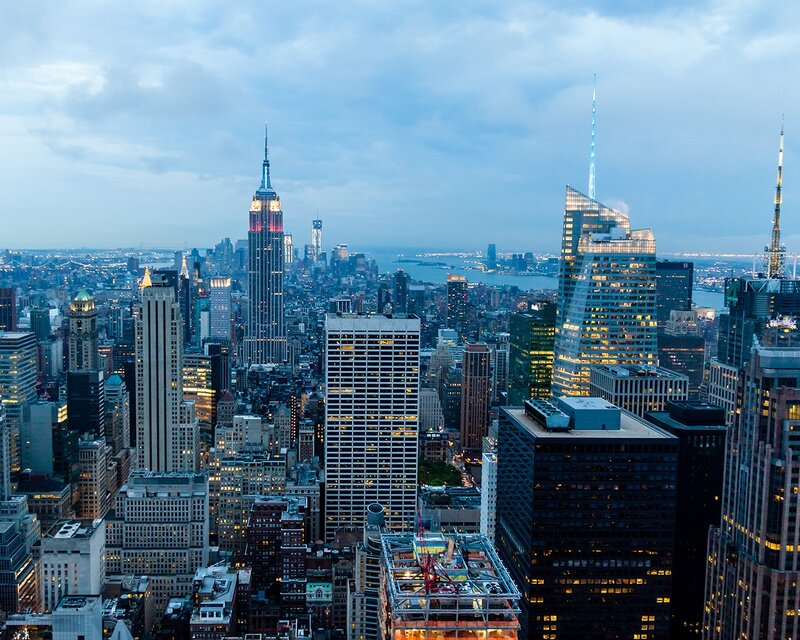 New York City skyline at dusk