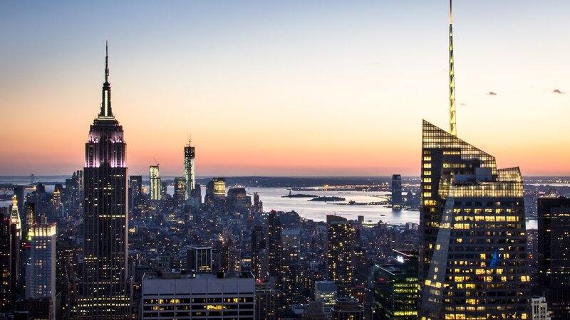 New York City skyline at dusk