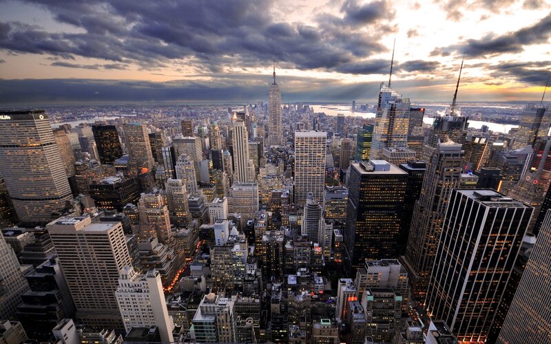 New York City skyline at dusk