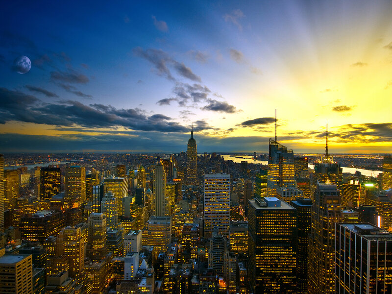 New York City skyline at dusk