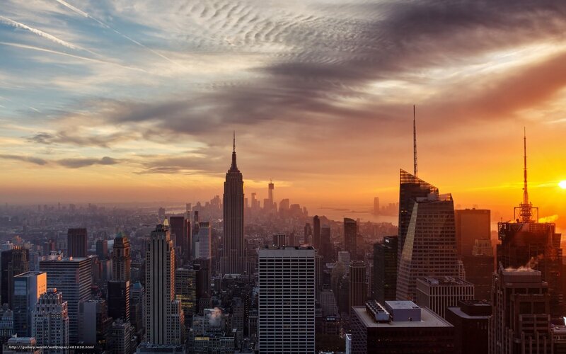 New York City skyline at sunset