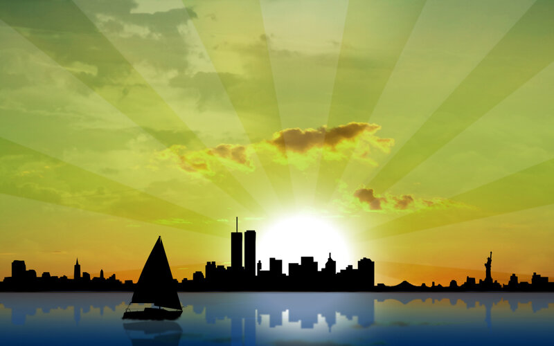 New York City skyline at sunset