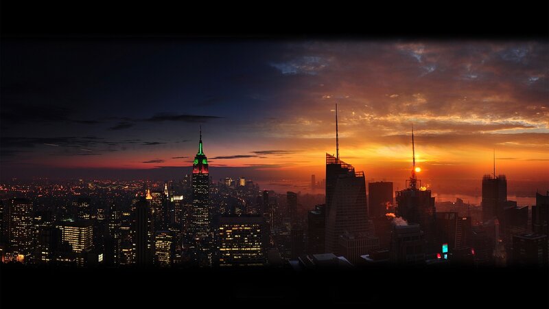 New York City skyline at sunset