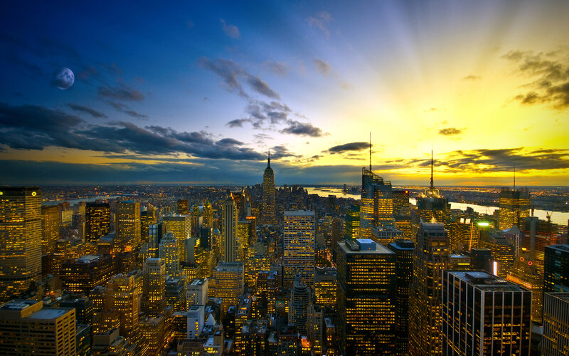New York City skyline at sunset
