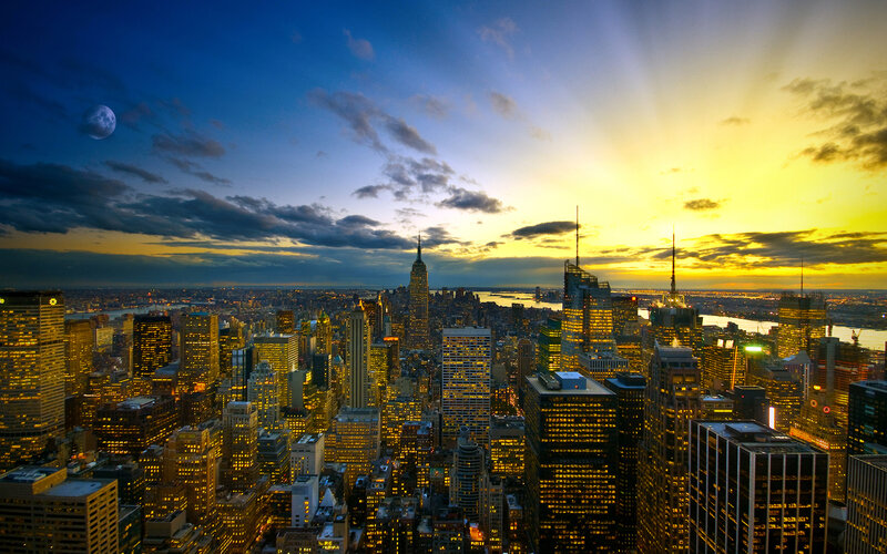 New York City skyline at sunset