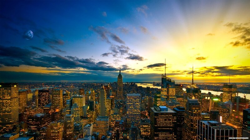 New York City skyline at sunset