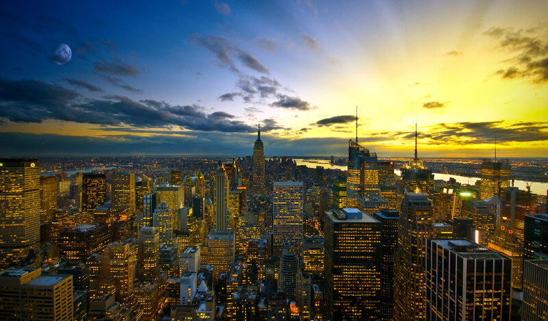 New York City skyline at sunset